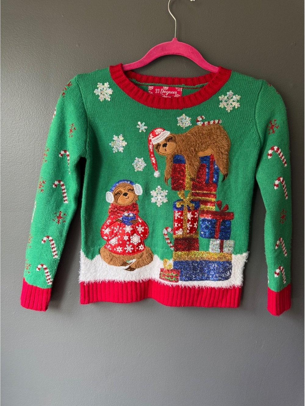 33 Degrees Kids Medium Green Christmas Sweater with Sloth and Presents